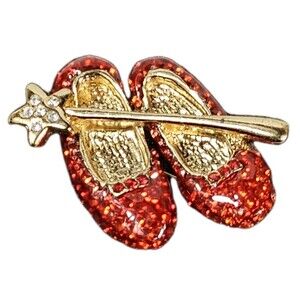 Wizard of Oz Ruby Slippers & Magic Wand Brooch Red Sparkle Enamel Gold Tone Jewe